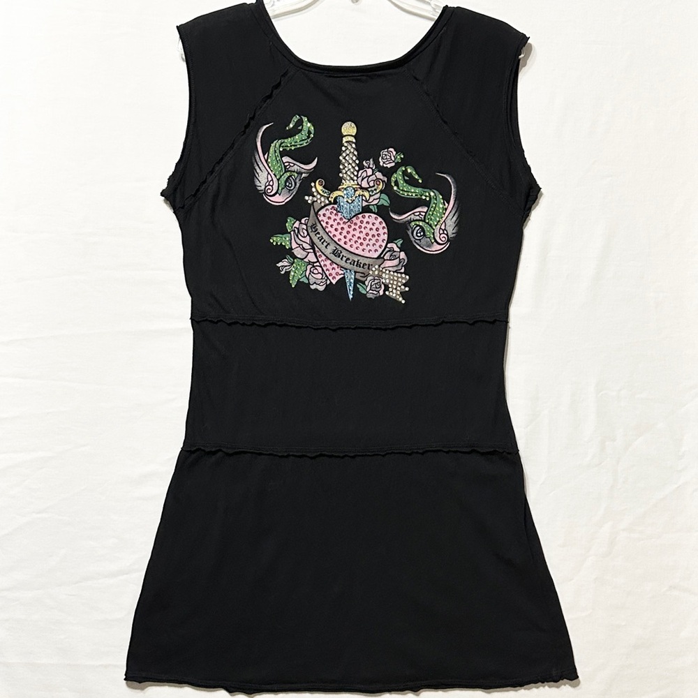 Vintage Ankh Royalty Black T-shirt Dress w/Rhinestone Studded Heart/Fish - XL